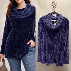 Soft Surroundings Chenille Turtleneck Sweater Navy Blue